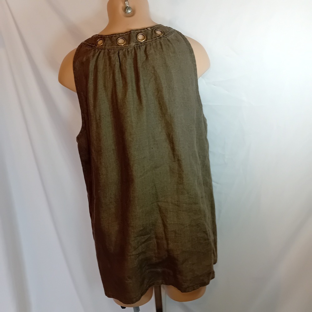 Signal Linen Sequin Studded Grommet Sleeveless Top Olive Green Bohemian Work XL - Picture 5 of 16